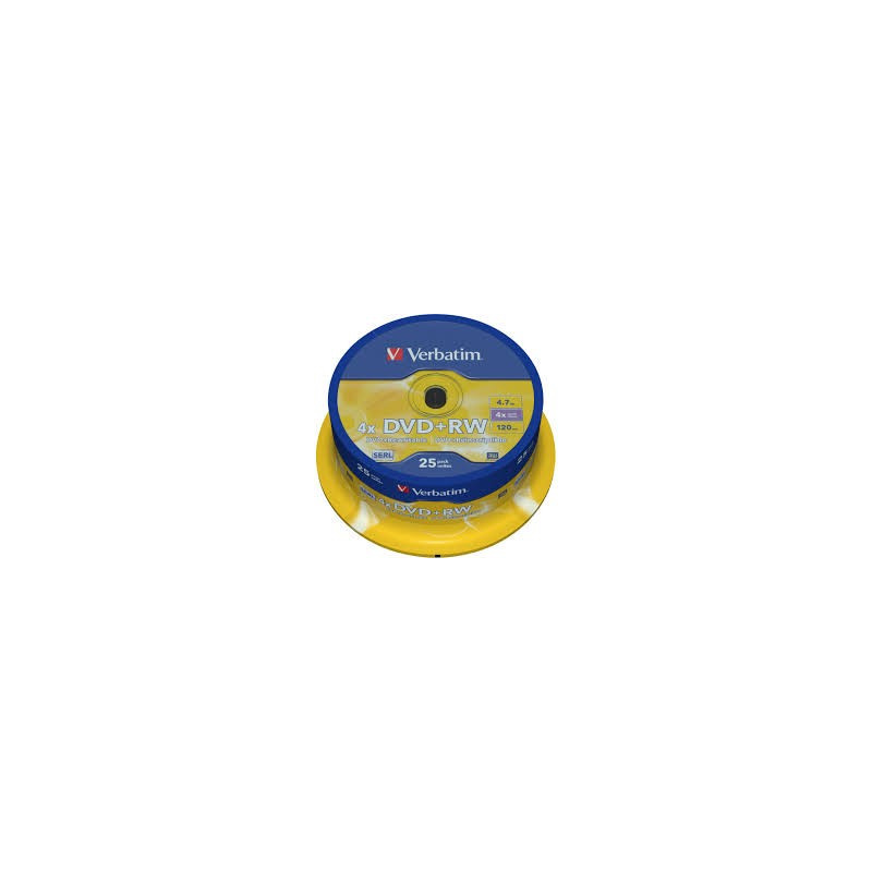 Verbatim DVD+RW Serl 4.7GB 4X superfície prateada mate cake 25