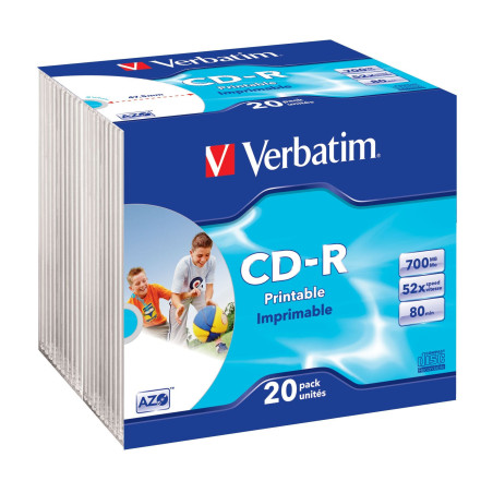 Verbatim CDR AZO 700MB/52x Printable, Caixa Slim Pack 20