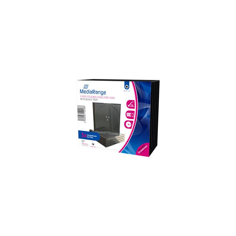 Pack 5 MediaRange custodia CD Jewelcase per 1 disco, 10,4mm, vassoio nero