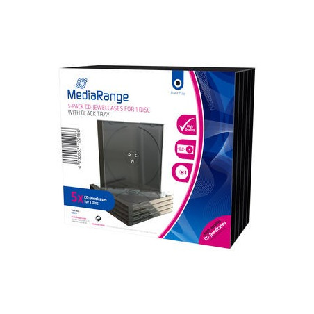 Pack 5 MediaRange CD Jewelcase para 1 disco, 10.4mm, bandeja preta