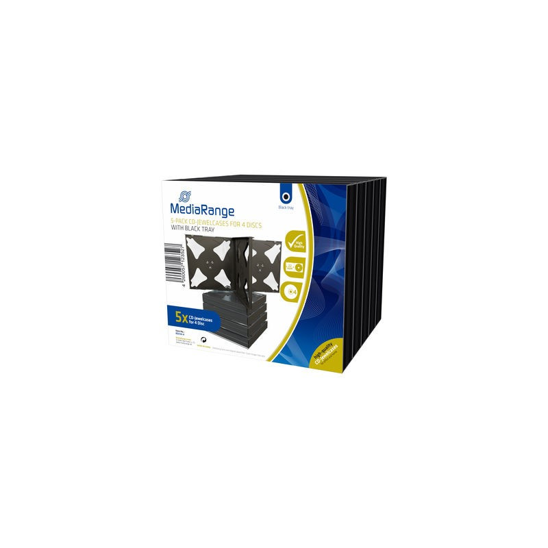 Pack 5 MediaRange custodia CD Jewelcase per 4 dischi, 22mm, vassoio nero Pack 5 MediaRange custodia CD Jewelcase per 4 dischi, 22mm, vassoio nero