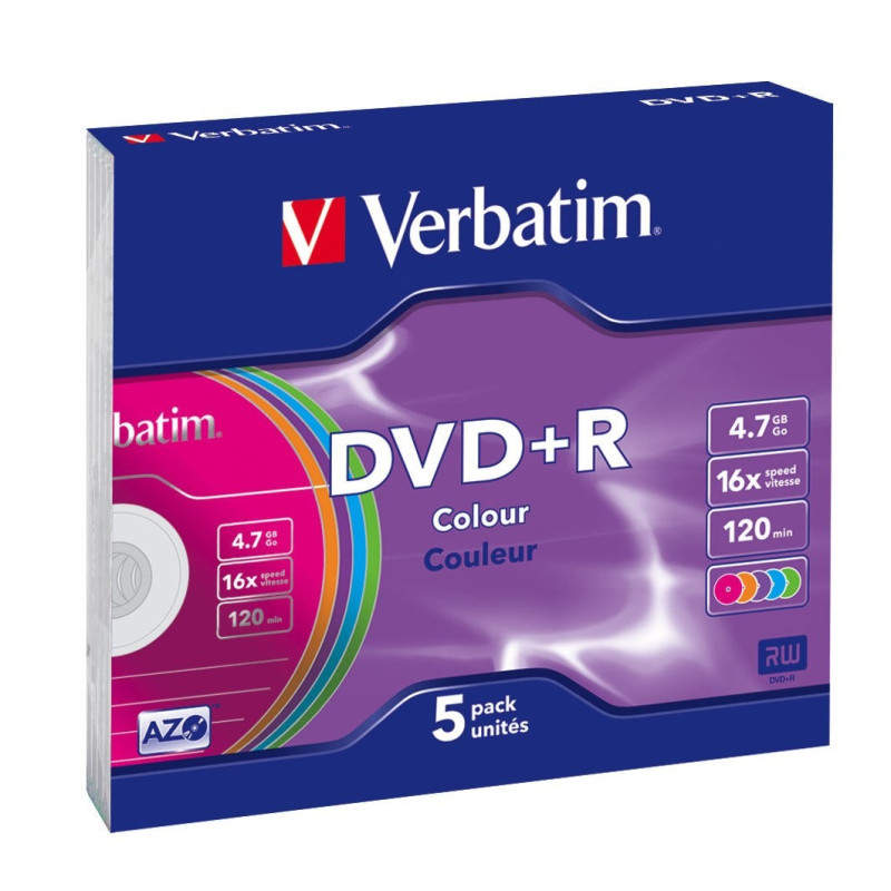 Verbatim DVD+R AZO 4,7GB 16X superficie de color Slimcase pack 5