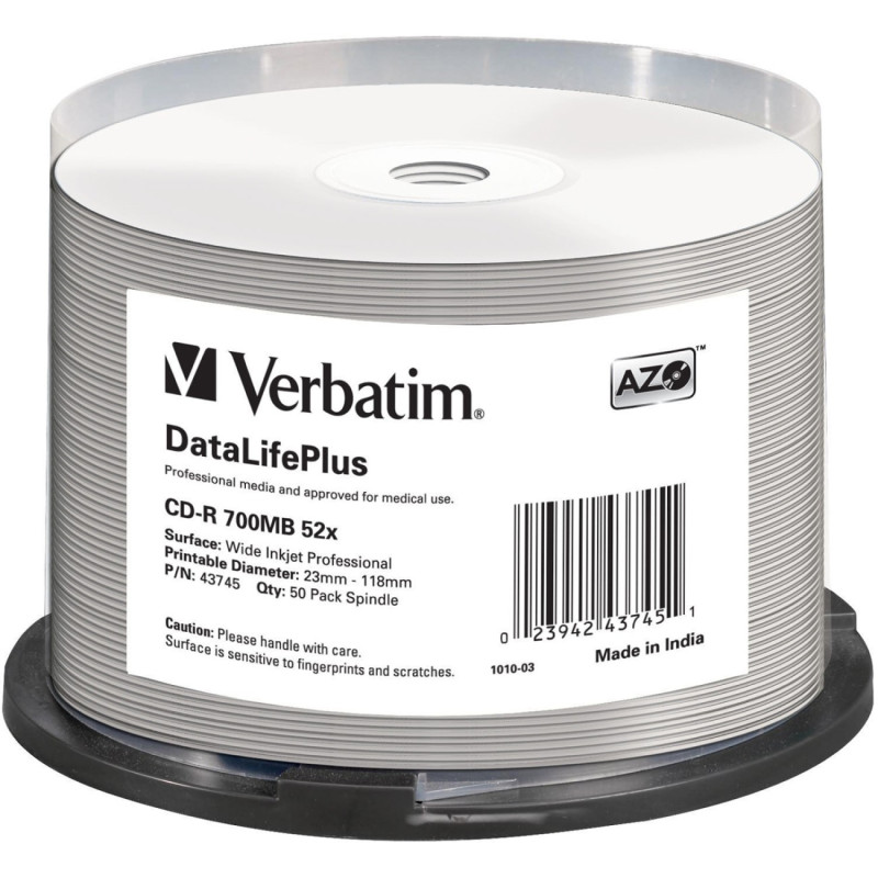 Verbatim CD-R AZO 700MB 52X DL+ superfície branca imprimível wide Non-ID cake 50