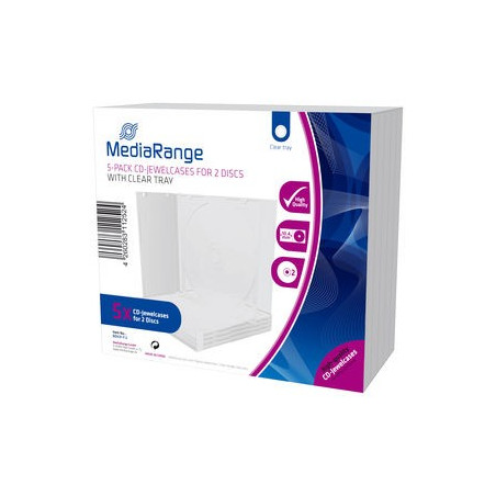 MediaRange CD Jewelcase for 2 discs, 10.4mm, transparent tray, Pack 5