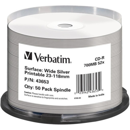 Verbatim CD-R AZO 700MB 52X WIDE SILVER INKJET PRINTABLE NON ID Cake 50