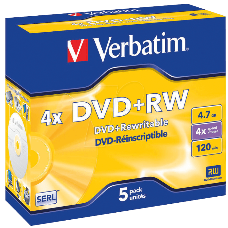 Verbatim DVD+RW Serl 4.7GB 4X superfície prateada mate Jewelcase pack 5