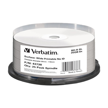 Blu-ray BD-R SL 25GB 6X Verbatim FF InkJet Printable Tarrina 25 uds