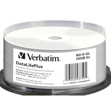 Verbatim BD-R DUAL LAYER 50GB 6X DL+ WHITE WIDE THERMAL PRINTABLE SURFACE NO ID Cake 25