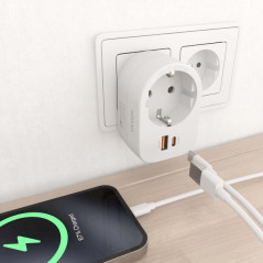 Extensão de parede multifuncional com 1 tomada + 1xUSB-C 20W PD3.0 - 1xUSB-A 20W QC3.0