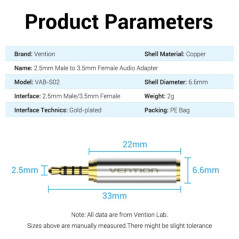 Adaptador jack 2,5 mm macho a jack 3,5 mm hembra | DVDi.es