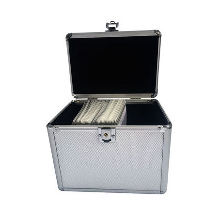 Boîtier de rangement pour 120 disques, aspect aluminium, avec pochettes brillantes, gris