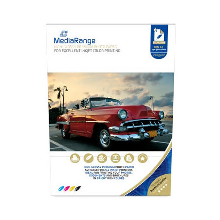 Papel fotográfico MediaRange A3 brilhante, 200 g – 50 folhas