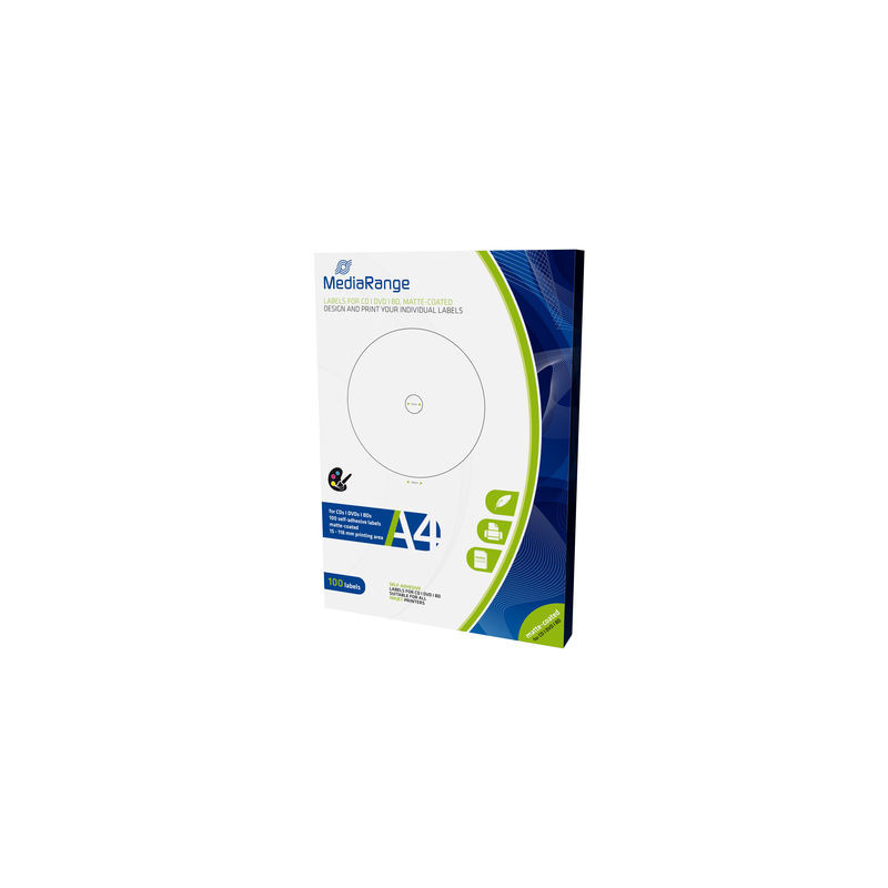 MediaRange Etiquetas para CD DVD BD, 15-118mm, revestimento mate, pack 100 MediaRange Etiquetas para CD DVD BD, 15-118mm, revestimento mate, pack 100