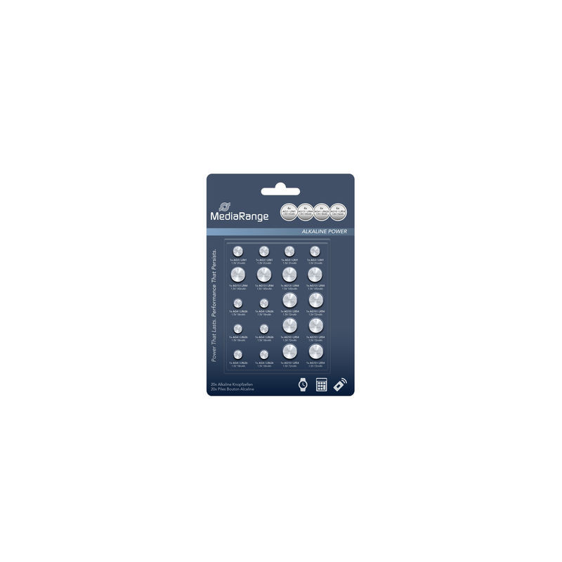 Piles bouton alcalines premium, assortiment AG3|AG4|AG10|AG13, pack 20