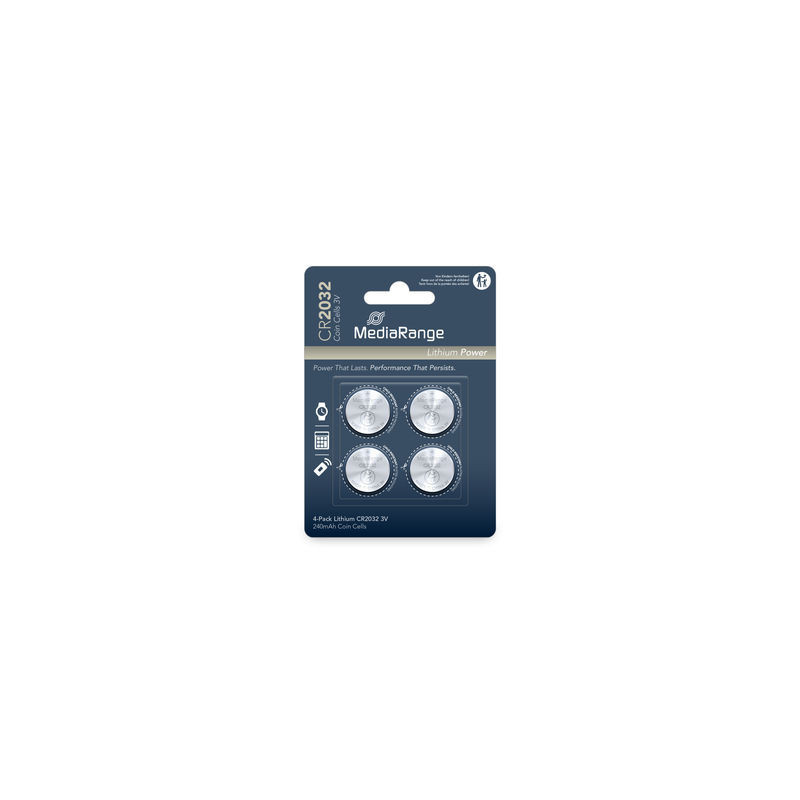 MediaRange Lithium Coin Cells, CR2032|3V, Pack 4 MediaRange Lithium Coin Cells, CR2032|3V, Pack 4