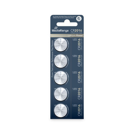 Piles bouton lithium MediaRange CR2016, 3 V – lot de 5