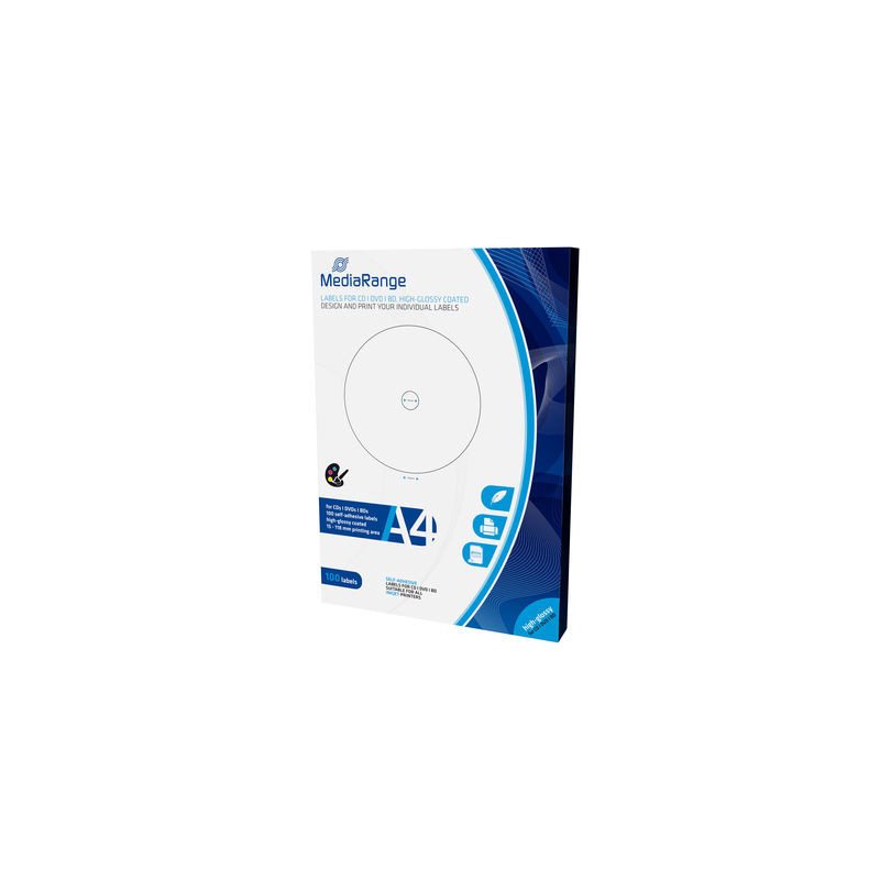 MediaRange Labels for CD DVD BD, 15-118mm, high-glossy, pack 100