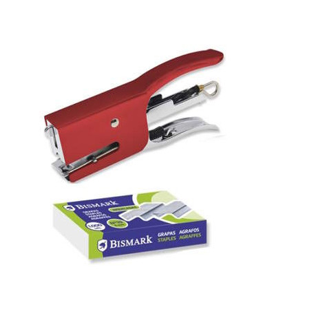Agrafador Mini Bismark com Alicate + 2000 Agrafos - Capacidade de Agrafador: 15 Folhas  - Alta Durabilidade - VERMELHO