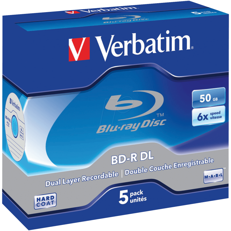 BD-R Verbatim 50GB 6x Weiß/blaue Oberfläche Hard Coat Jewelcase 5 Stk.