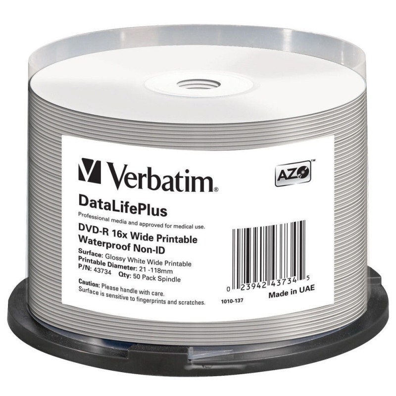 Verbatim DVD-R AZO 4.7GB 16x DL+ superfície imprimível wide brilhante à prova de água Non-ID cake 50 Verbatim DVD-R AZO 4.7GB 16x DL+ superfície imprimível wide brilhante à prova de água Non-ID cake 50